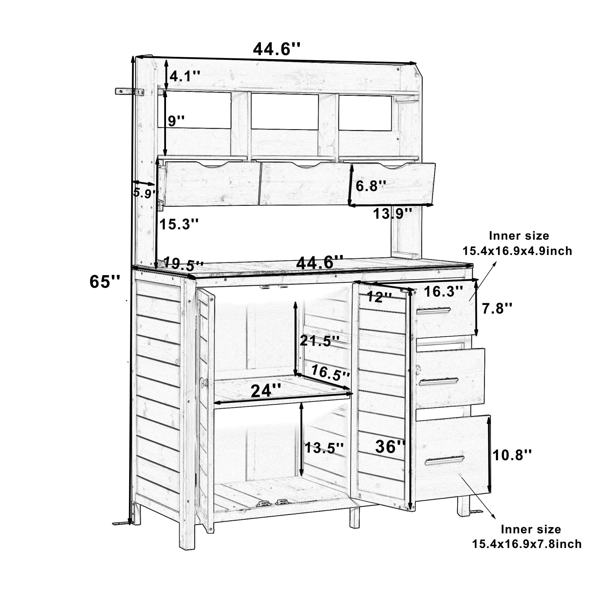 Sailvan 65" Solid Wood Patio Kitchen Island & Garden Potting Bench,Outdoor Grill Prep Station with 6 Drawers,Storage Cabinet and Hutch Gray