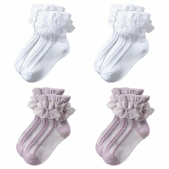TELOLY 4Pairs Kids Socks,Age 10 Ruffle Socks,Plain Style Lace Socks,Combination1