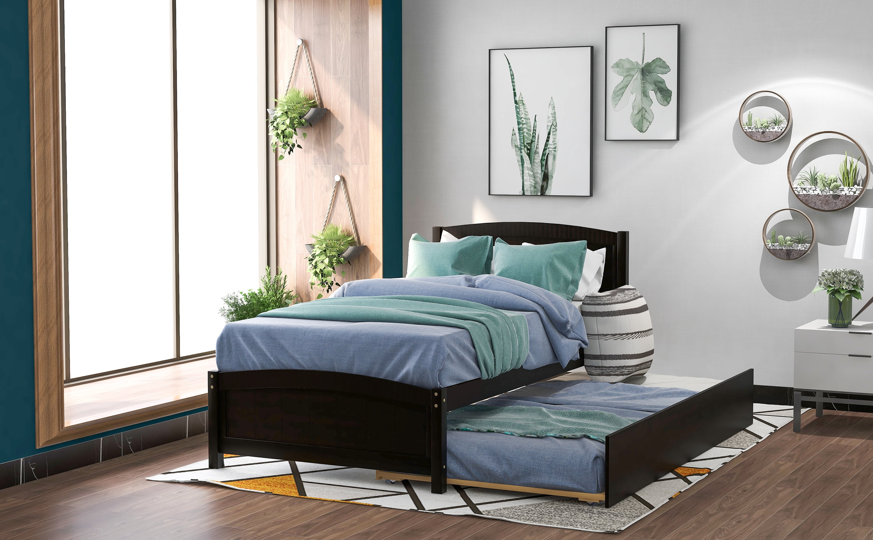 Mintazer Farmhouse Solid Wood Twin Platform Bed Frame with Trundle for Teens, Boys, Girls, No Box Spring Needed, Espresso