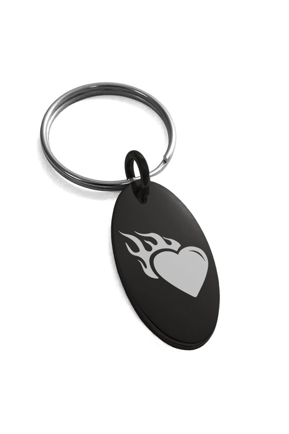 Stainless Steel Flaming Heart Engraved Small Oval Charm Keychain Keyring
