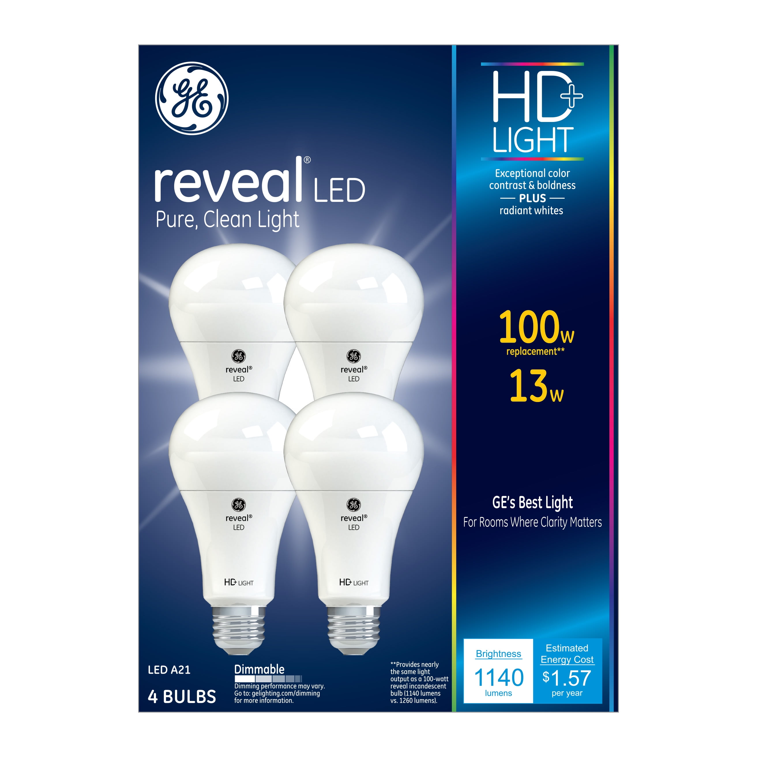 1140 Lumens. 4 GE 16 Watt Reveal LED Stick Light Bulb Replaces 100 Watt #36477 