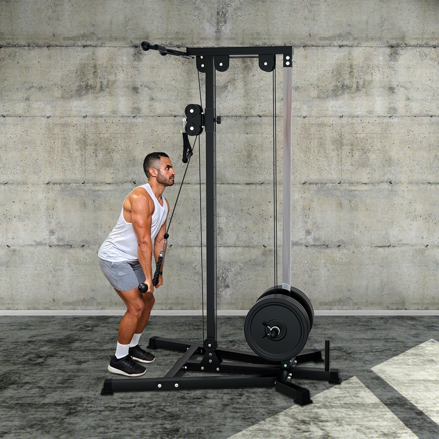 Reliancer LAT Pull Down and Low Row Cable Machine - 16 Height Adjustable Pulley System for Full Body Workout, Maximum Weight Capacity 400lbs, Perfect for Home Gym, Includes Additional Handle