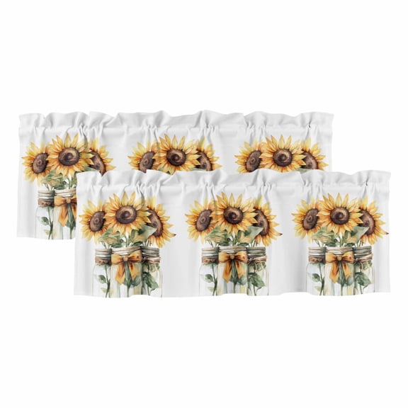 Summer Floral Curtain Valances for Windows, Kitchen Valance Window Treatments Panel 2 Pack, Vintage Spring Watercolor Sunflowers Bow Vase Rod Pocket Short Curtains for Bathroom Bedroom 42 x 12 Inch