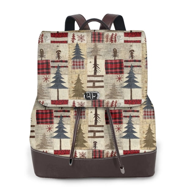 Disketp Rustic Plaid Forest Lodge Mochila de Cuero para Mujer, Bolso de Espalda Antirrobo con Estilo para Viaje, Trabajo y Uso Diario
