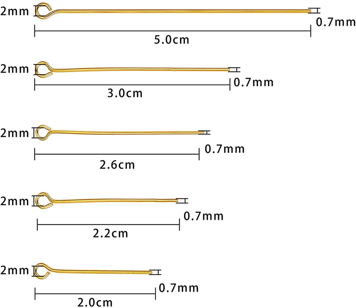 LiQunSweet 100 Pcs Golden Plated Brass Eye Pin 2-Inch Headpins (21 Gauge) Eyepins for Jewelry Making - 50mm Length