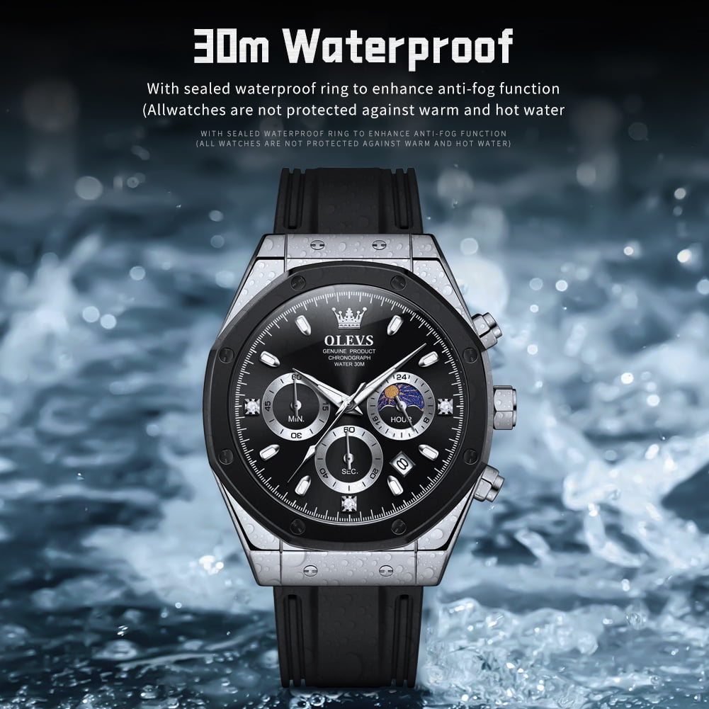 OLEVS Watches for Men Chronograph Waterproof Luxury Dress Quartz Silicon Strap Multifunction Moon Phase Business Calendar Luminous Men Wrist Watches Reloj Para Hombre Gray/Black/White