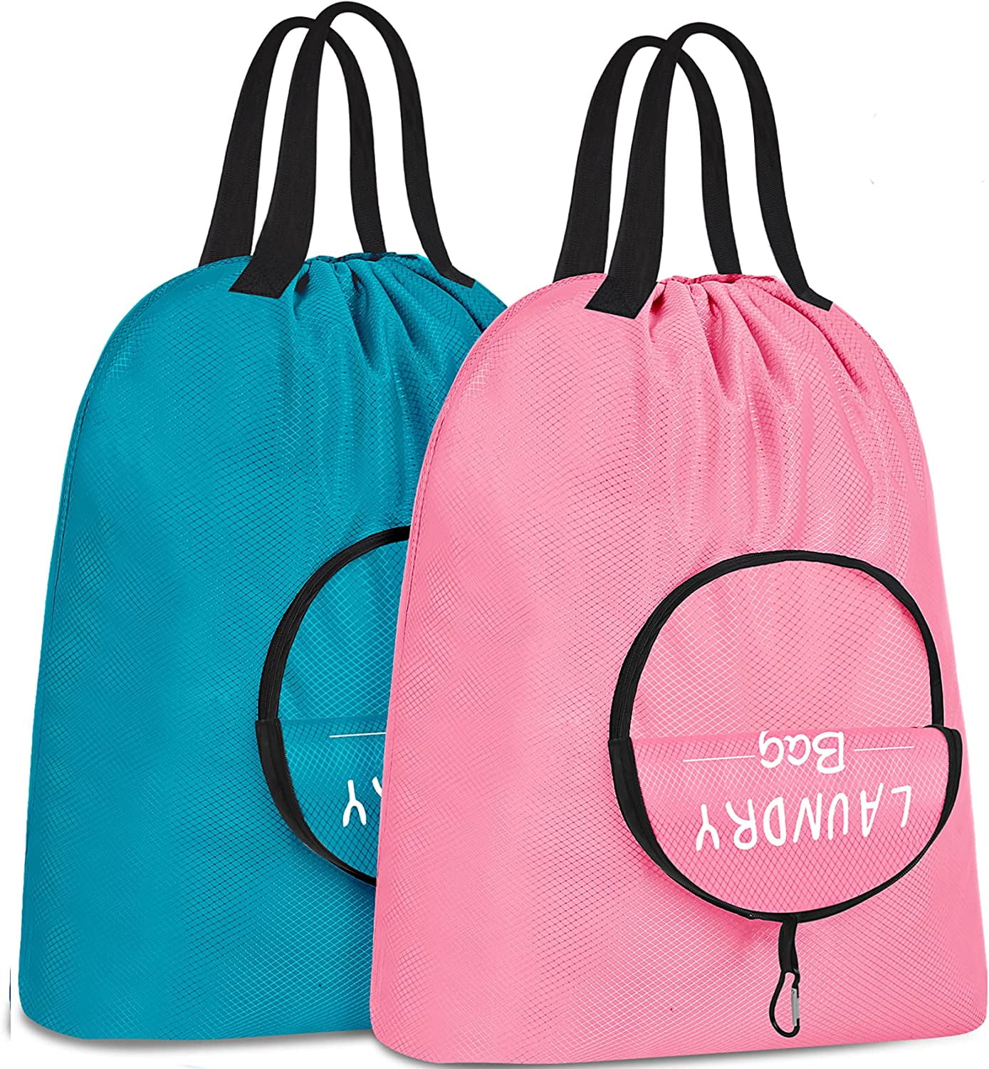 2 Pack Portable Travel Laundry Bag with Handles, Carabiner, Zipper