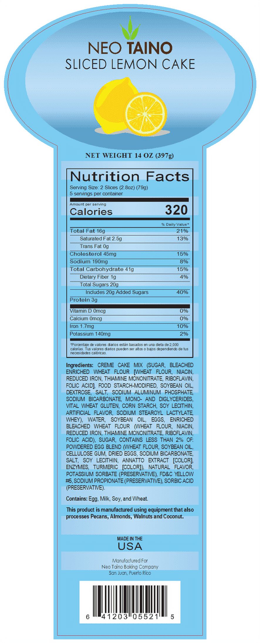 Neo Taino, Lemon Sliced Cake, Net Weight 14 oz (397g), 10 Count, Plastic Tray, New