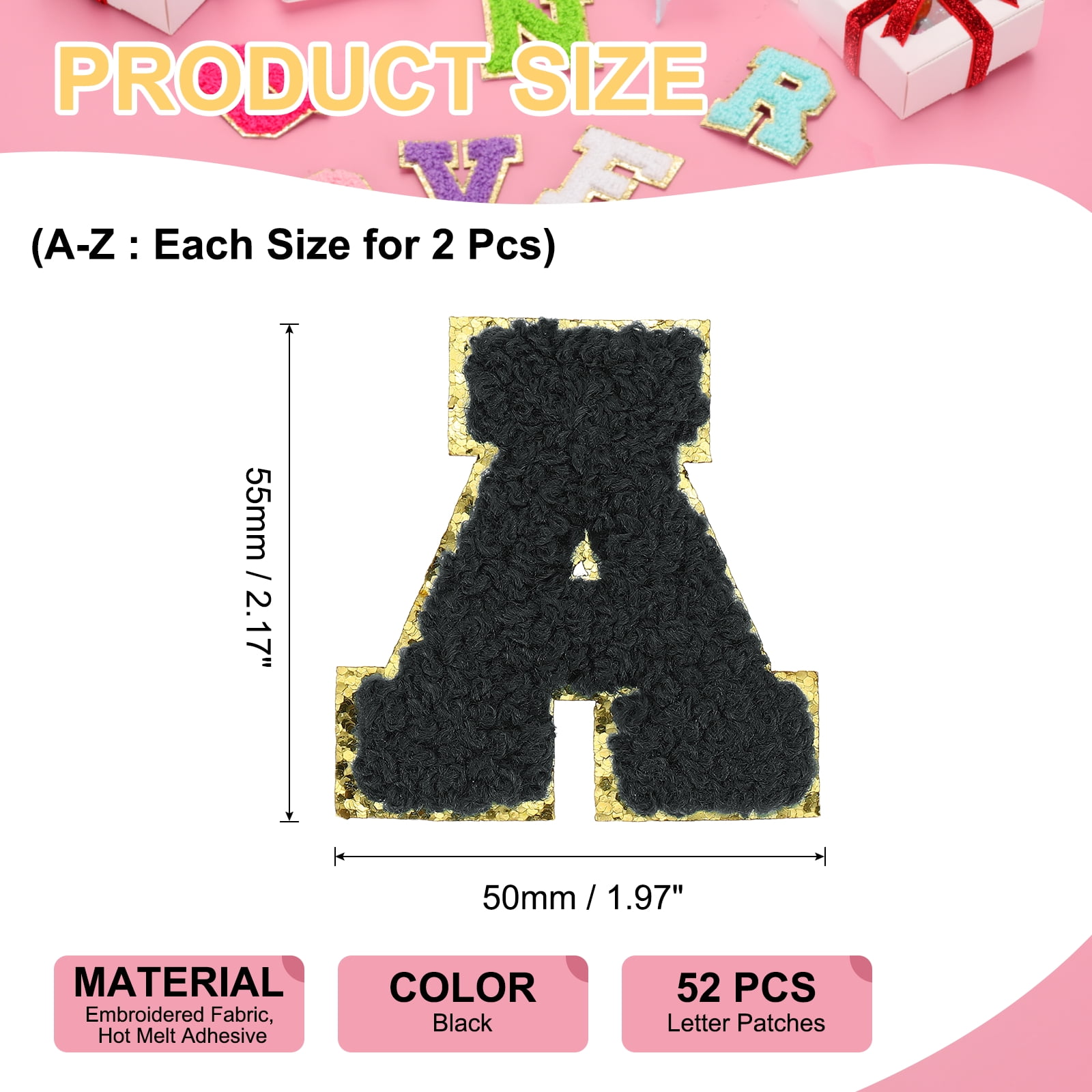 Uxcell Letters Patches, 52 Pcs Initial Letter A-Z Iron on Patch Embroidered Fabric Alphabet Stickers for Clothes Hats Makeup Bags DIY, Black