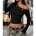 thumbnail image 6 of Women Long Sleeve Shirts Rib Knit Slim Fit Tops Off-Shoulder Tee Fall Outfits Casual T-Shirt Layer Clothes Black M, 6 of 9