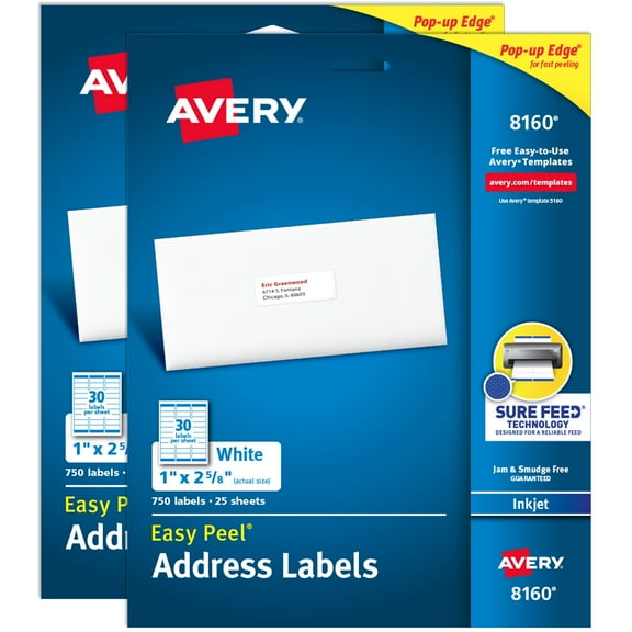 Avery Address Labels, 1" x 2-5/8", White, 1,500 Labels (8160)