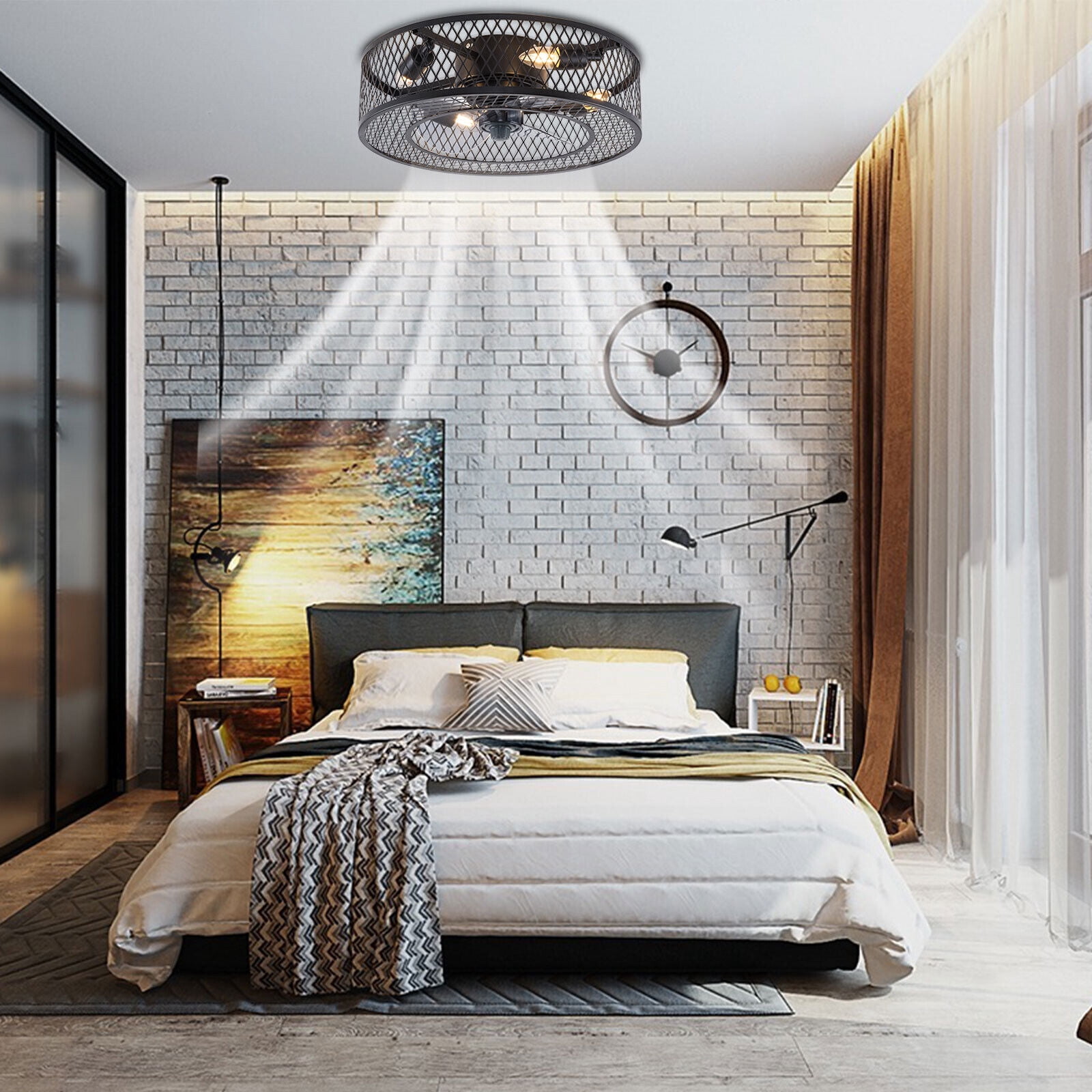 Miumaeov 18'' Rustic Metal Caged Ceiling Fan Light Semi Flush Mount Fan Chandelier 3 Speeds with Remote Control Black