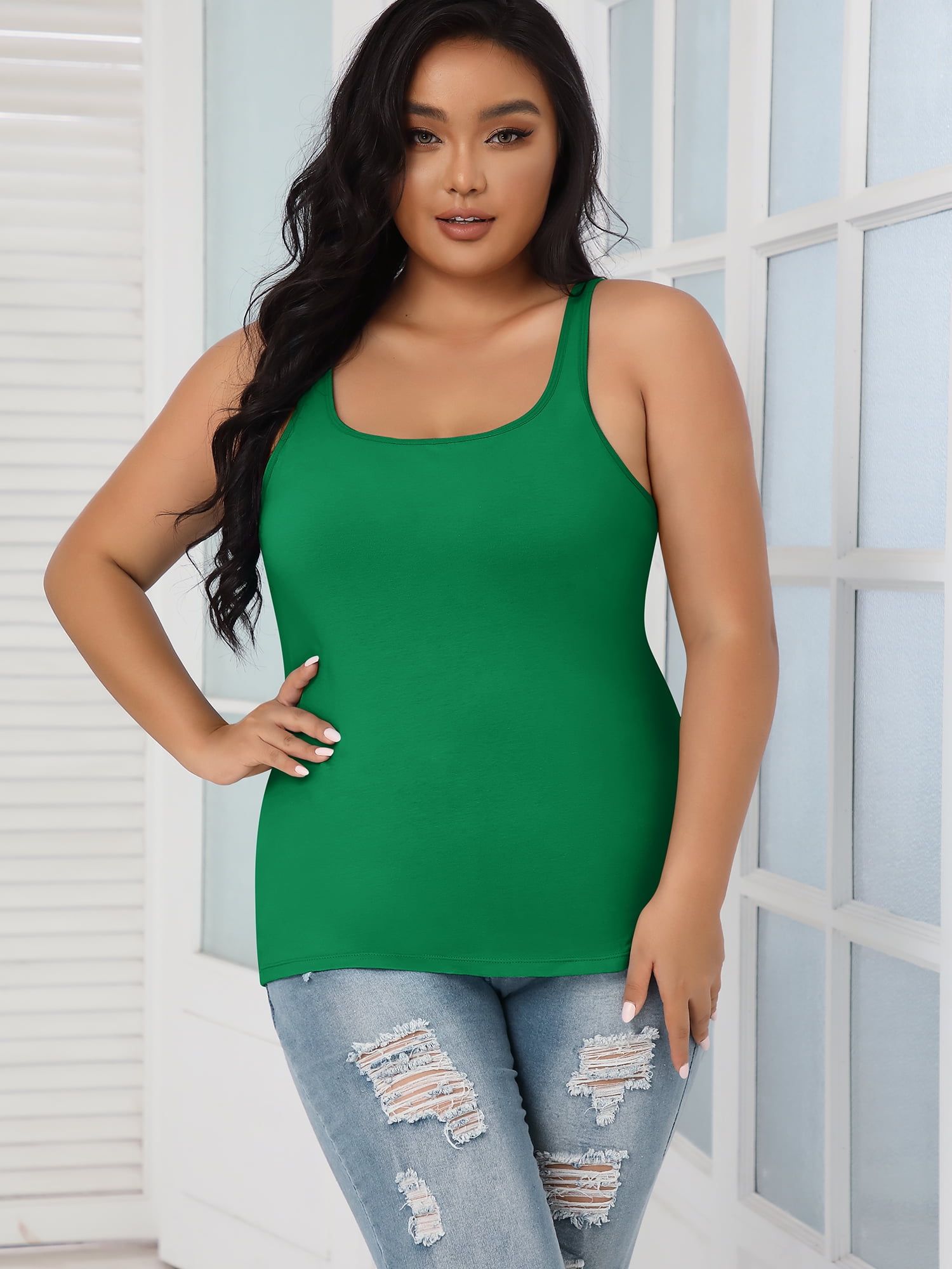 Beautyin Plus Size Tank Top for Women Adjustable Spaghetti Wide Straps  Sleeveless T-shirts Cami 