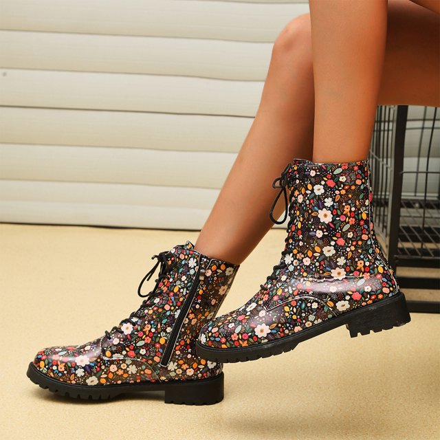Teissuly Short Boots, Chip Flower Thick Bottom Boots, Waterproof Leather Boots Lace Up Snow Boots Zipper Thick Bottom Round Toe Fashion Boots Low Heel Slip ResistantS Short Boots Teissuly WER202311014115