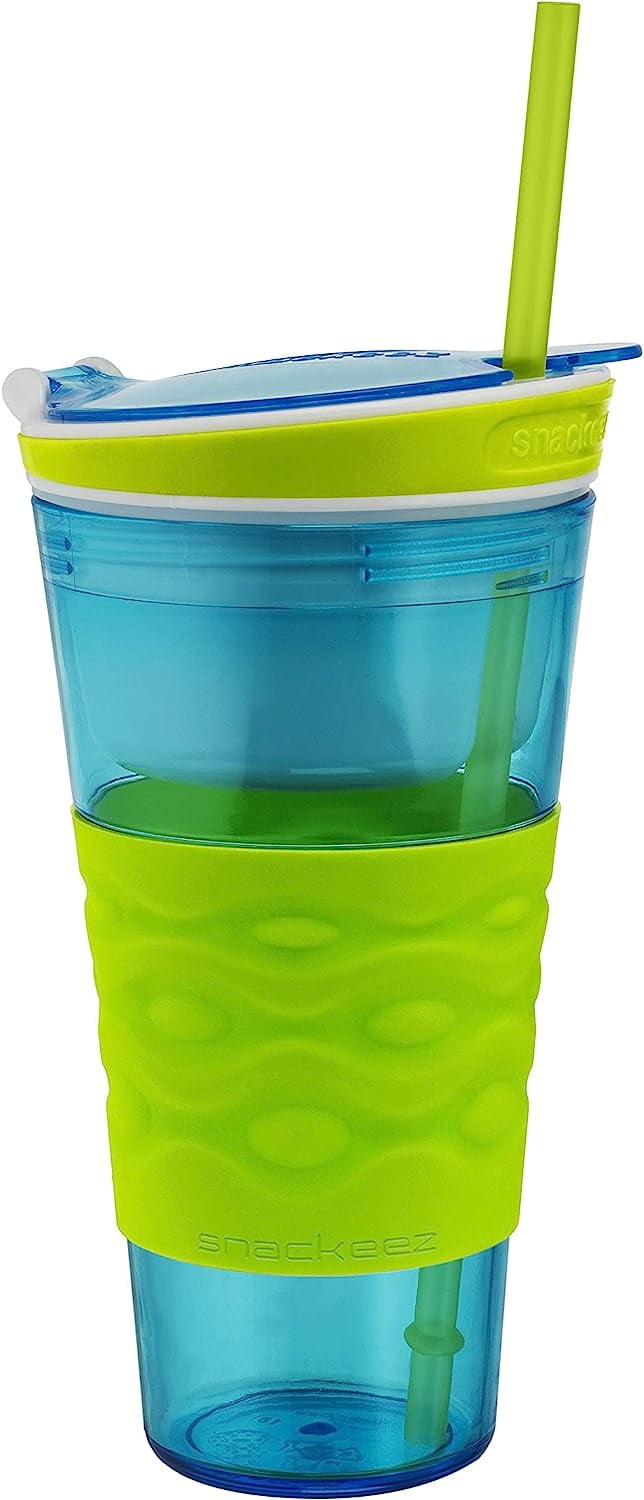 Snackeez Travel Snack & Drink Cup with Straw, Blue, 16 oz