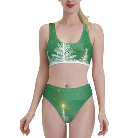 Bixox Christmas Green Pattern Two-Piece Sports Bikini with U-Shaped Top and High-Waist Bottom - Women s Swimwear with Removable Bra Pads