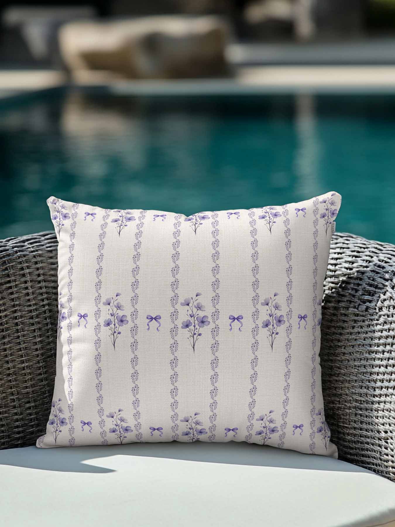 1 Pack Outdoor Throw Pillow, Purple Flowers Waterproof Pillow with Insert Included, Spring Floral Bows Lines Vintage Beige Decorative Accent Cushion Sofa Pillows for Patio Porch, 16 x 16 In