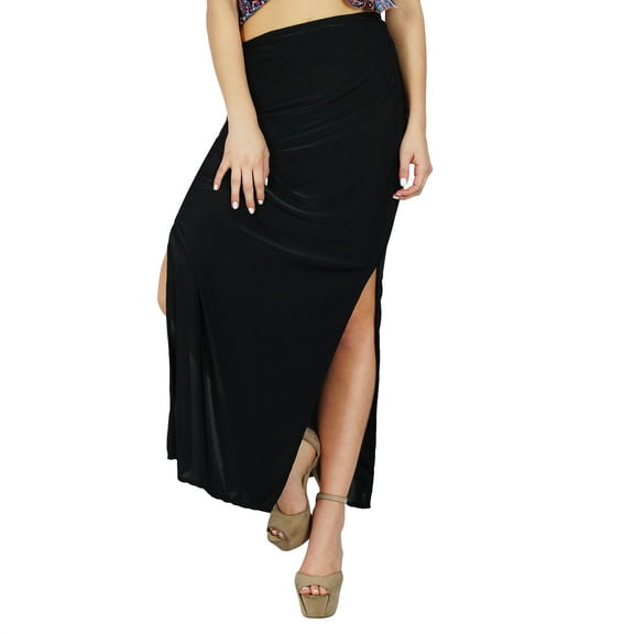 Bimba Women Long Pencil Skirt With Slit Black Bodycon Maxi Skirt Bottoms