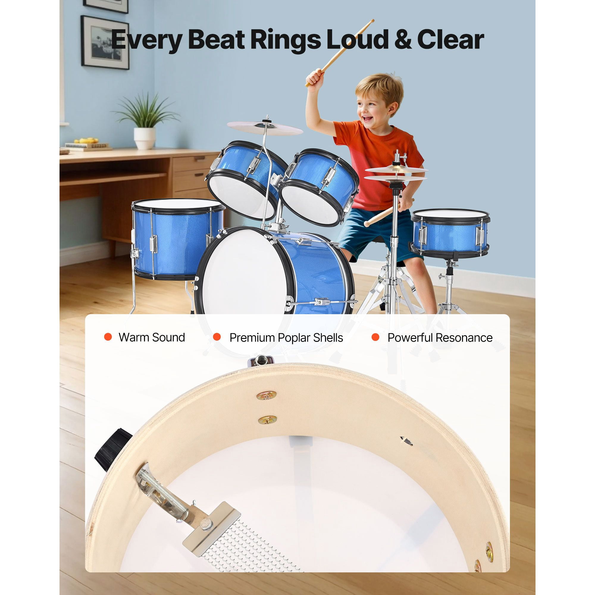 Kids Drum Set, 5-Piece 16 in Junior Drum Sets, Beginner Drums Set with Adjustable Throne, Cymbal & Two Pairs of Drumsticks, Musical Learning Drums Instruments Kit, for Children Ages 6-13 (Blue)