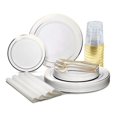 thumbnail image 1 of OCCASIONS 200pcs set (25 Guests)-Heavyweight Wedding Party Disposable Plastic Plate Set -25 x 10.5'' + 25 x 7.5'' + Silverware + Cups +linen like paper Napkins (White & Gold Rim), 1 of 4