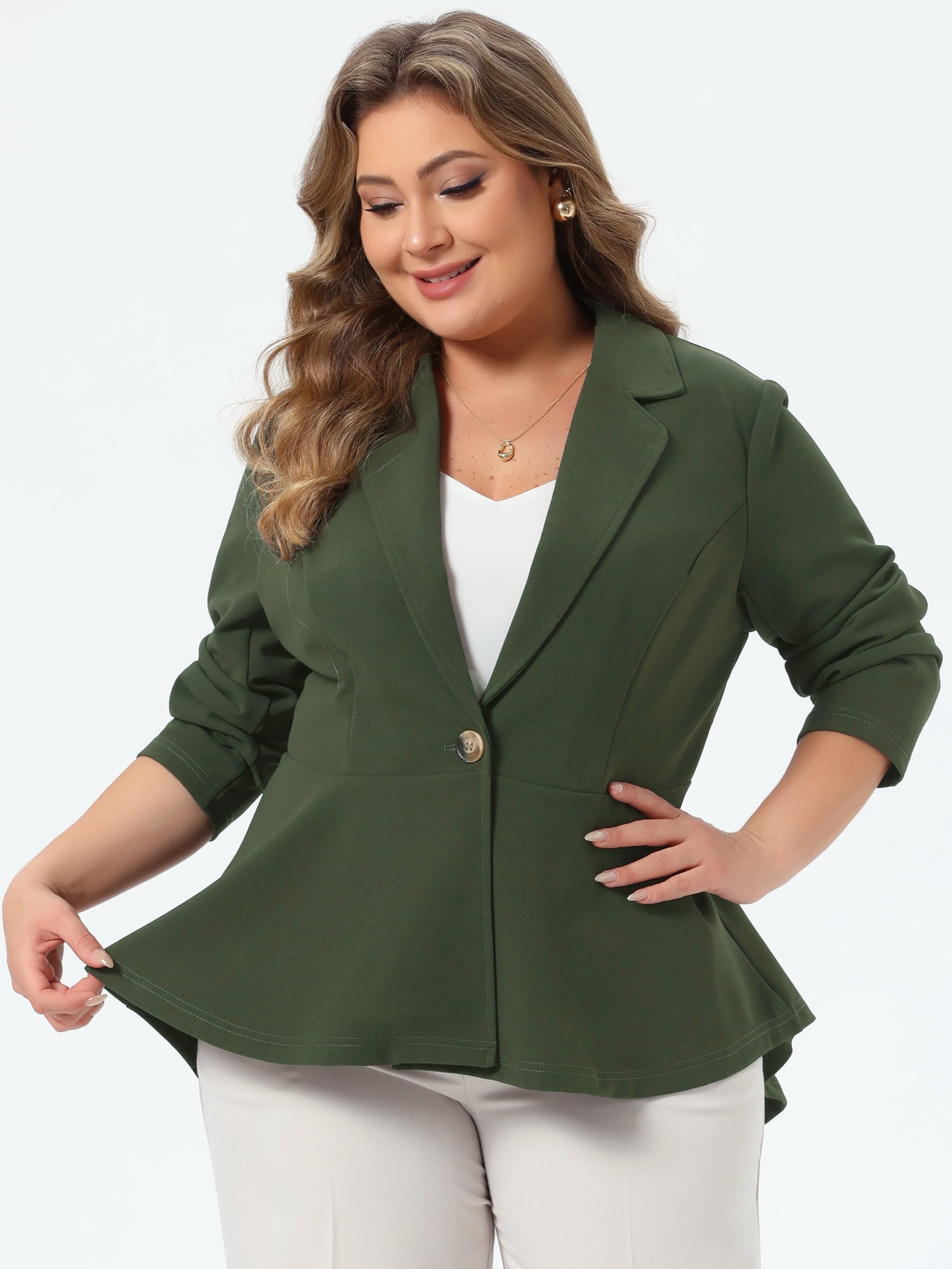 DARING DIVA Women's Plus Size Blazer Notch Panel Business Casual Suit Jacket 2X Army Green