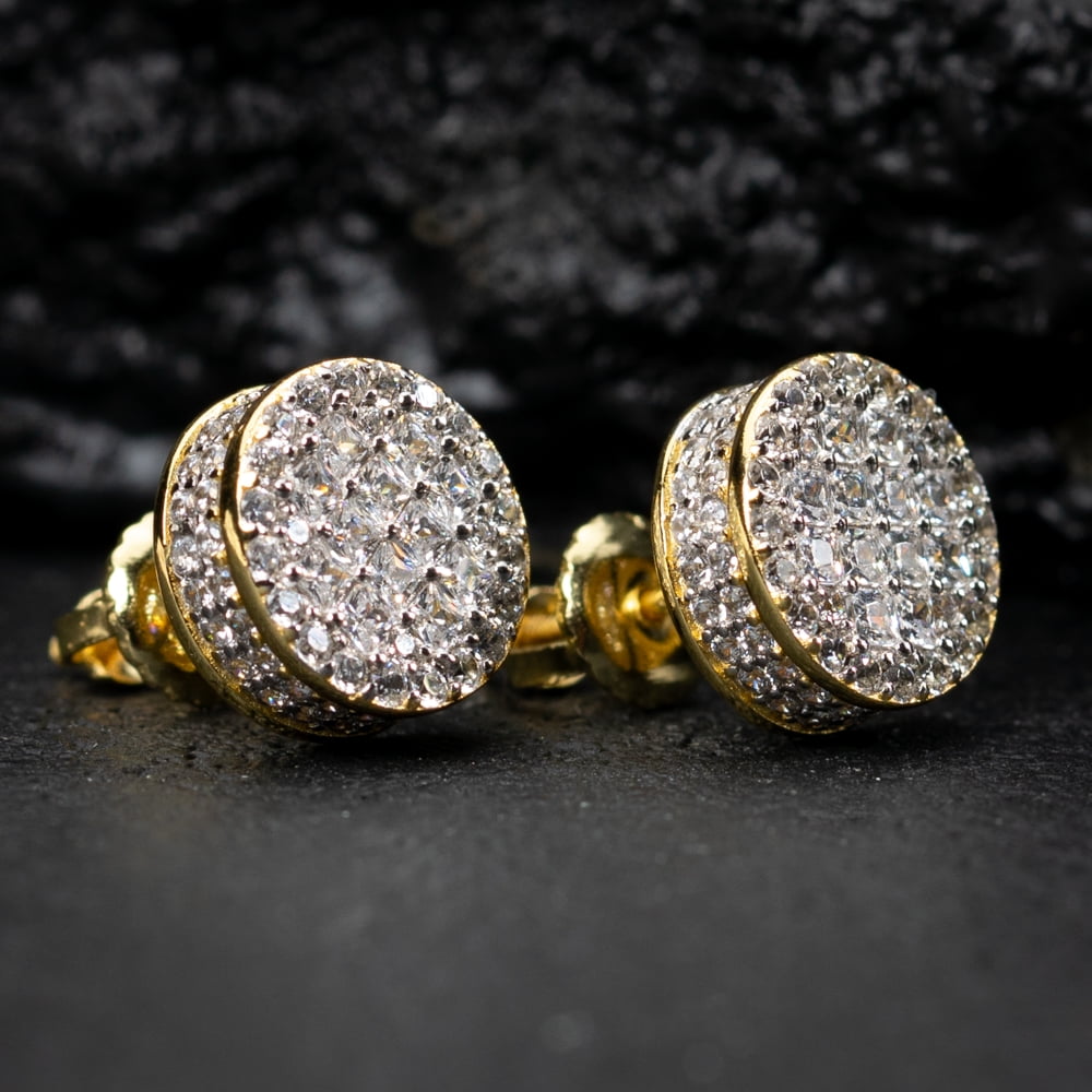 Men's Round Two Tone 14K Gold Plated 925 Sterling Silver Screw Back Post Cluster Square Princess Cut Hip Hop Gauges Circle Shape Stud Earrings