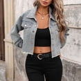 thumbnail image 4 of Hvot&aat Women's Studded Denim Jacket Long Sleeve Button-Up Turndown Collar Denim Outwear Distressed Frayed Cropped Jean Coat, 4 of 7