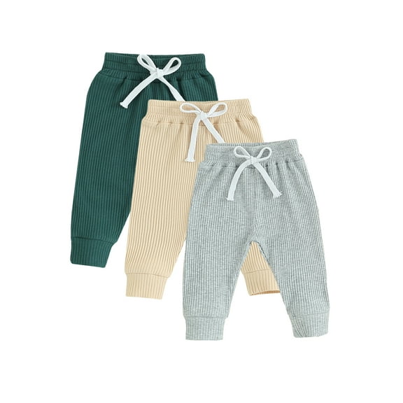 Bagilaanoe Pack of 3 Pants Toddler Baby Boy Girls Long Pants Winter Solid Color Ribbed Bottom 6M 12M 18M 24M 3T Kids Knitted Sweatpants