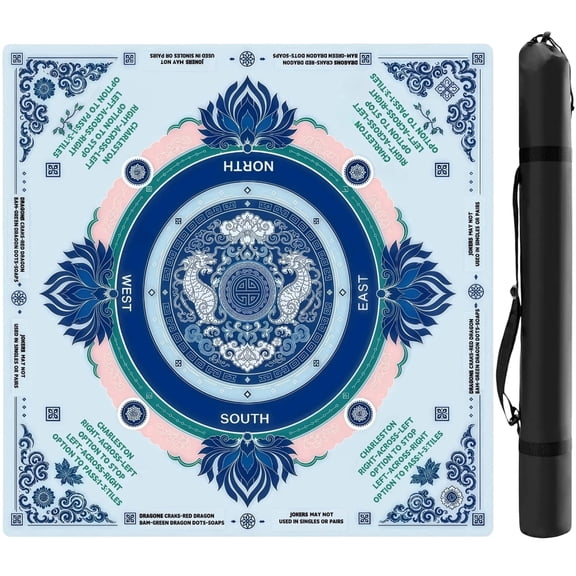 Mahjong Mat with Rules, 31.5" x 31.5" Non-Slip Noise-Reducing Mahjong Table Cloth, Blue Dragon Mah Jongg Table Mat for Poker, Cards, Dominoes, Board & Tile Games