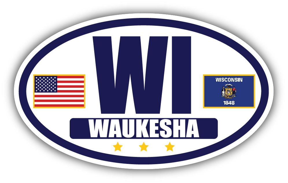 Flag of Wisconsin / American Flag Oval 3M Vinyl Bumper Sticker Decal Navy & Gold Waukesha, WI