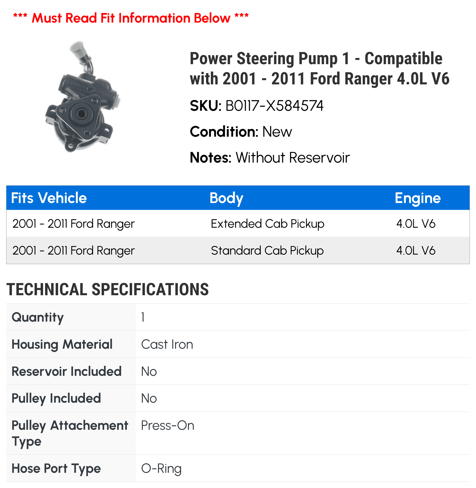 Power Steering Pump 1 - Compatible with 2001 - 2011 Ford Ranger 4.0L V6 - Autopart Premium
