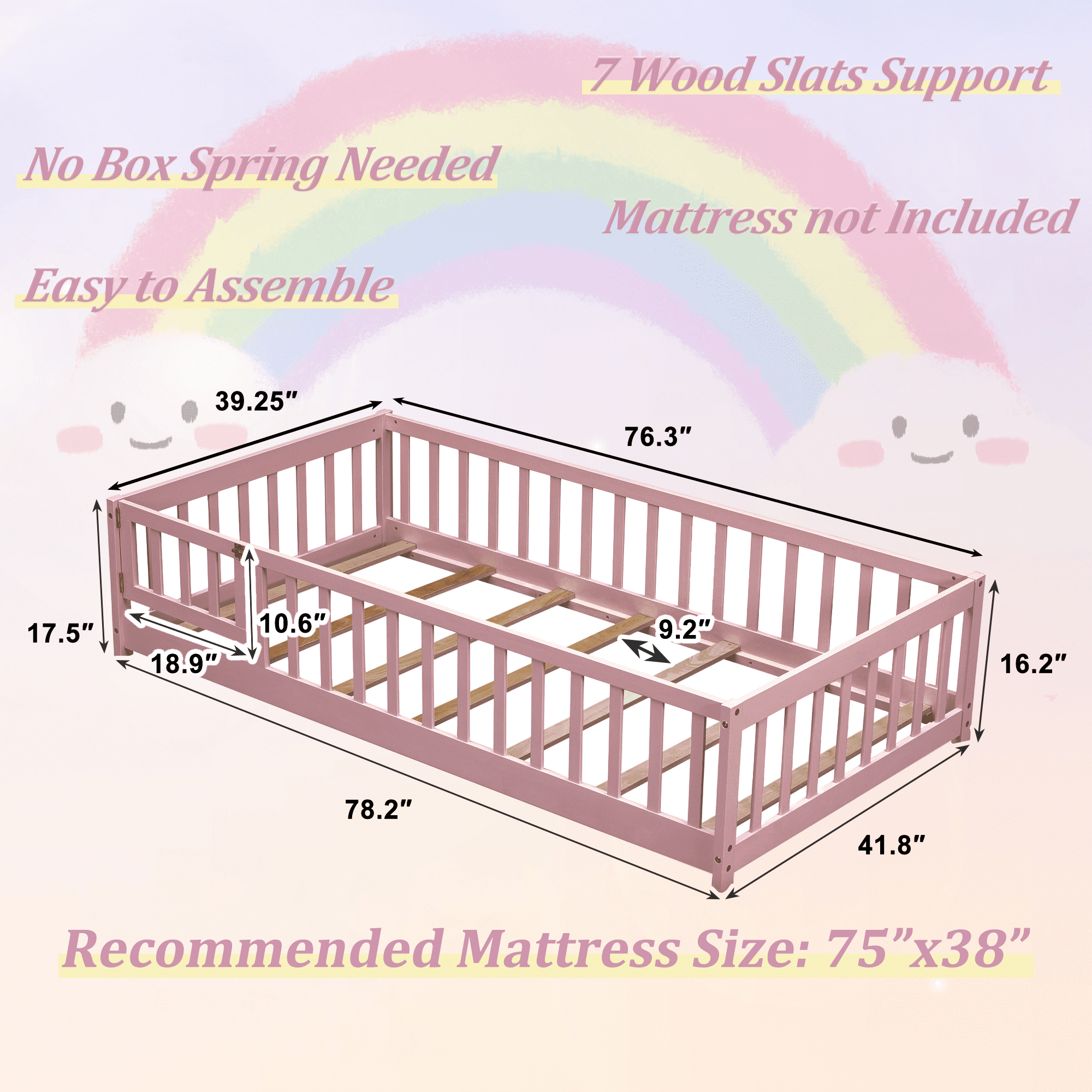 UHOMEPRO Twin Size Floor Bed with Fence and Door, Low Profile Montessori Floor Bed for Crib Transition, Solid Wood Cute Bed Frame with Slats Supports, Easy Assembly, No Box Spring Needed, Pink