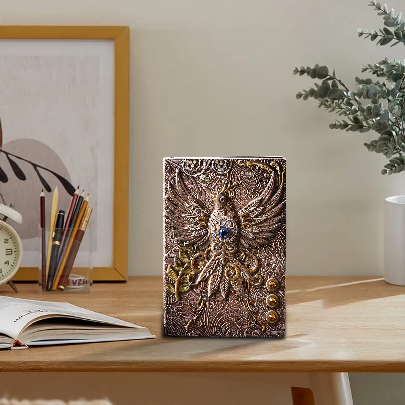 WMGHA Embossed Leather Journal Writing Notebook - Antique Handmade Leather Daily Notepad Sketchbook, Phoenix Gift For Men & Women,Travel Sketchbook & Poetry Diary,100 Sheets,A5 (5.5" X 8.3")