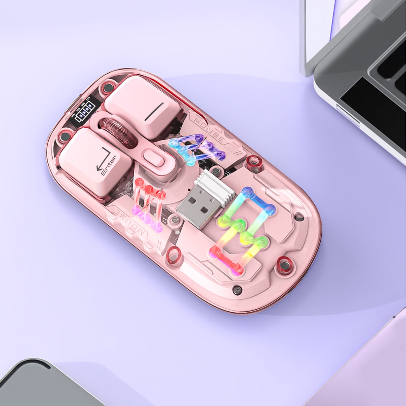 Transparent Wireless Mouse RGB — 4G Bluetooth 5.0 Type-C Rechargeable 1600DPI | White Pink Purple 4.44x2.28x0.98 Inch