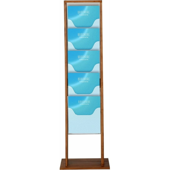 M&T Displays Floor Standing Double Sided Dark Wood Magazine Brochure Rack - 10 Clear PET G Pocket