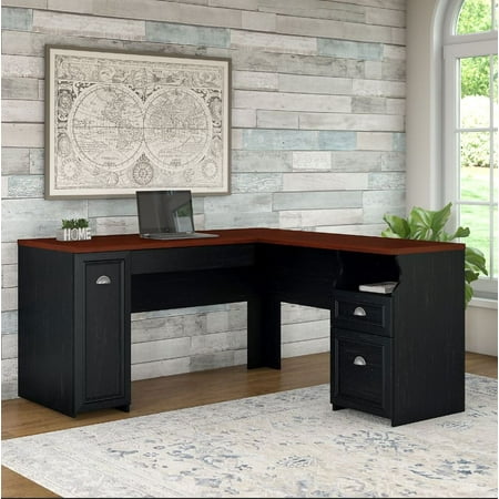 - Bush Fairview Collection L-Shaped Desk, Antique Black and Cherry