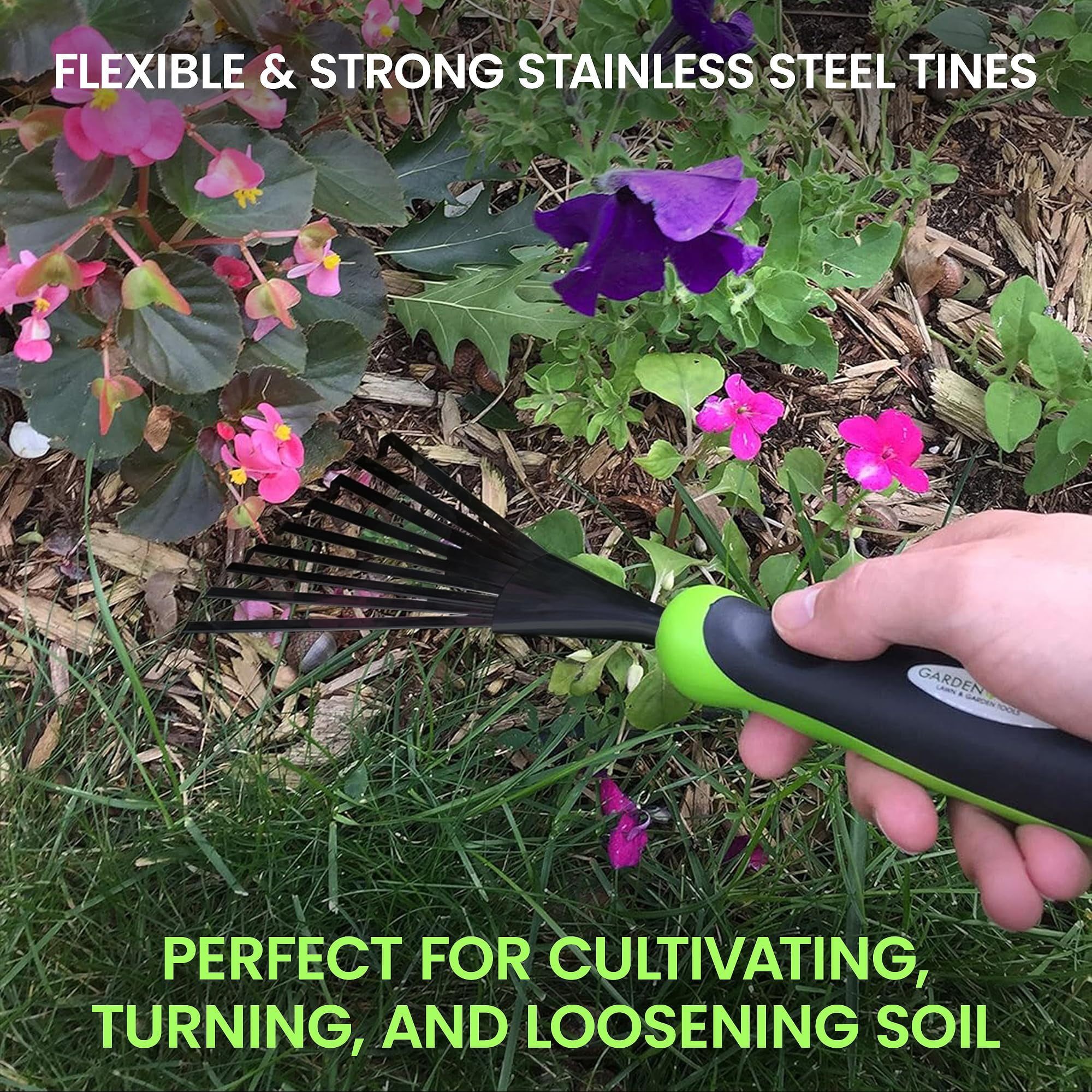 Garden Guru Hand Rake Soil Tiller Tool with Ergonomic Handle – Strong Carbon Steel - Rust Resistant – Great for Gardening, Cultivating, Loosening Soil & Spreading Mulch, Raking Flower Beds (2)