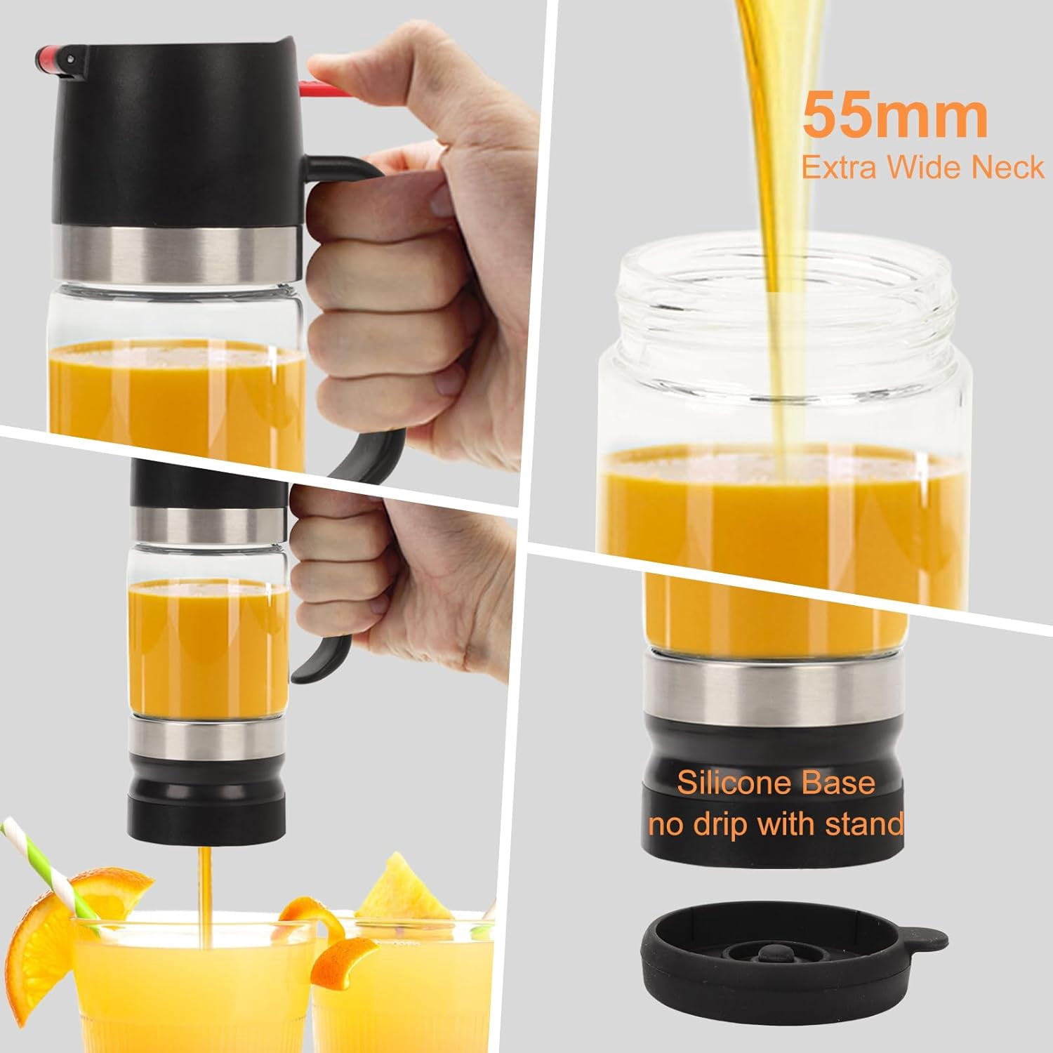 Glass Honey Dispenser with Stand – No-Drip Refillable Syrup Server for Honey, Agave and Salad Dressing