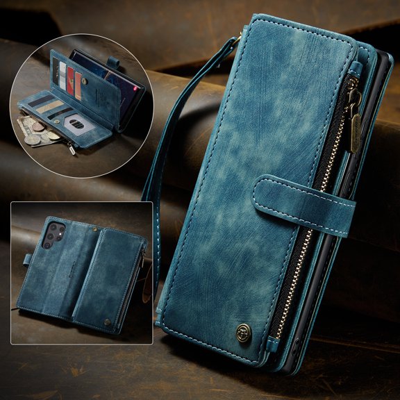 Allytech Samsung Galaxy S23 Ultra Wallet Case with Hand Strap, 10 Card Slots   1 Cash Slot   Zipper Pocket, Stand PU Leather Magnetic Clasp Shockproof Anti-Drop Case [Support Wireless Charging], Blue