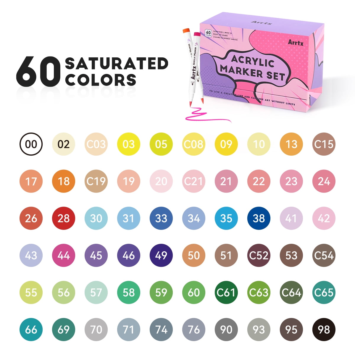 Arrtx 60 Pcs Acrylic Paint Markers, Extra Brush Tip Water Based Marker Paint Pen for DIY Painting, Wood, Glass, Fabric, 60 Animation colors