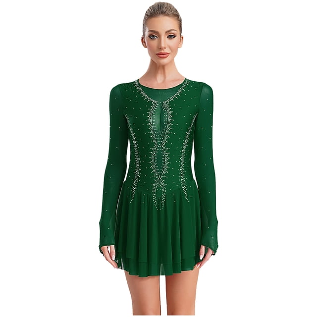 Runhomal Robe de Danse Lyrique pour Femmes Patchwork en Maille Manches Longues Justaucorps Costume de Danse Moderne Vert m
