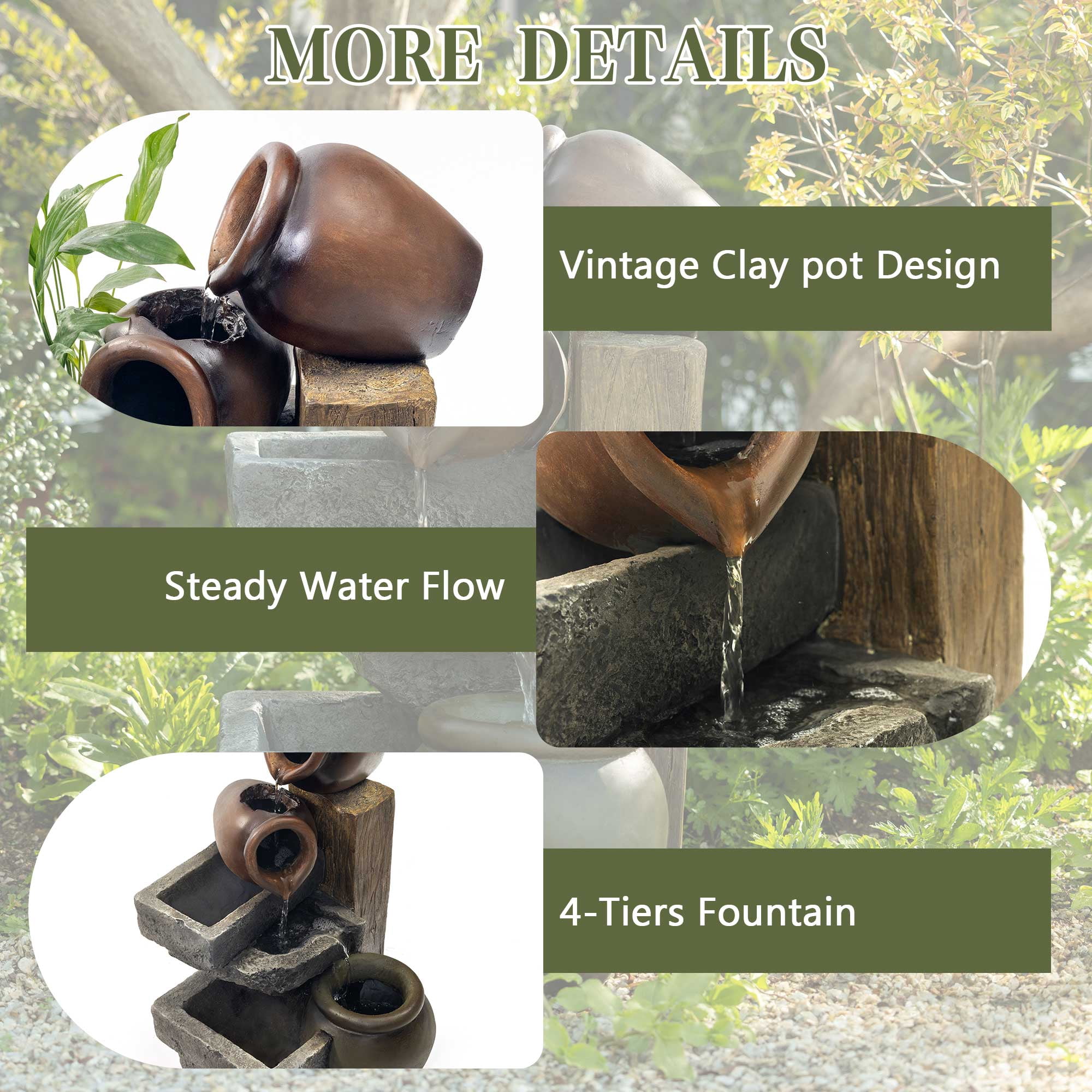 23.62" Outdoor Water Fountain, 4 Tiers Waterfall Fountain with Vintage Clay Pot Design, Indoor/Outdoor Floor Standing Water Feature for Garden, Patio