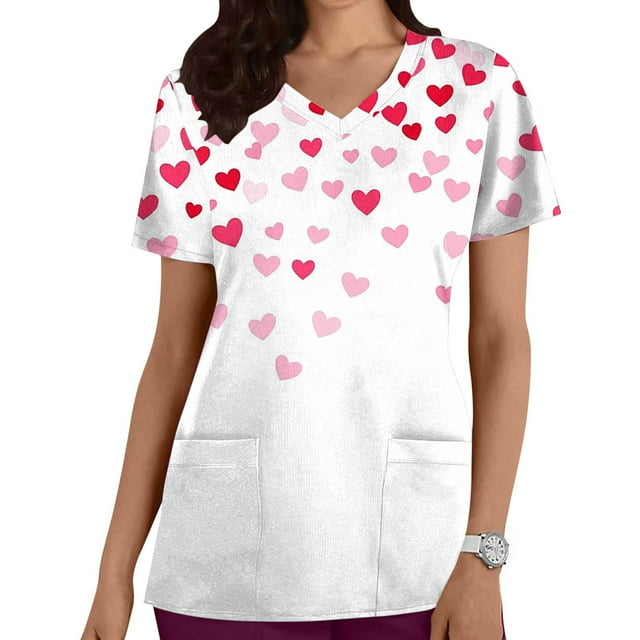 Uniformes médicos de San Valentín para mujer, modernos, con cuello en V y estampado de corazones, informales, de manga corta, para vacaciones, con bolsillos