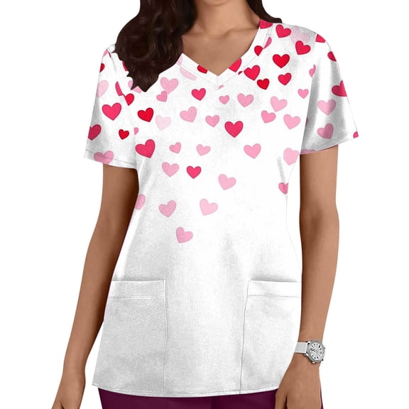 SBYOJLPB Valentines Scrub Top for Women Love Printed V-Neck Short Sleeve Nursing Uniform with Pockets