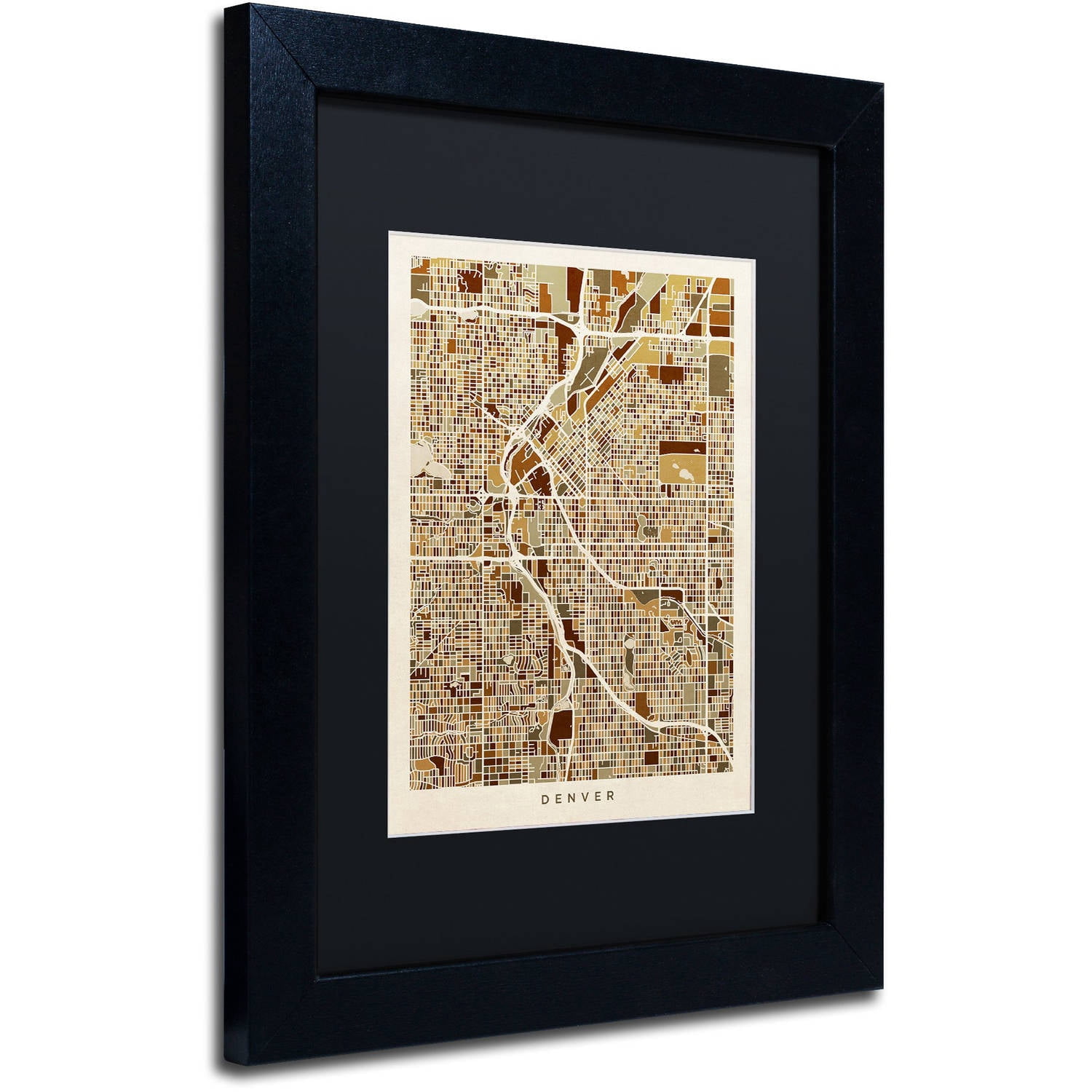 Trademark Fine Art "Denver CO Street Map Brown" Canvas Art by Michael Tompsett, Black Matte, Black Frame