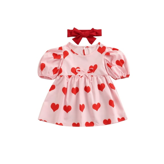 Qmyliery Baby Girls Summer Dress, Heart Short Puff Sleeve Dress + Headband Gift