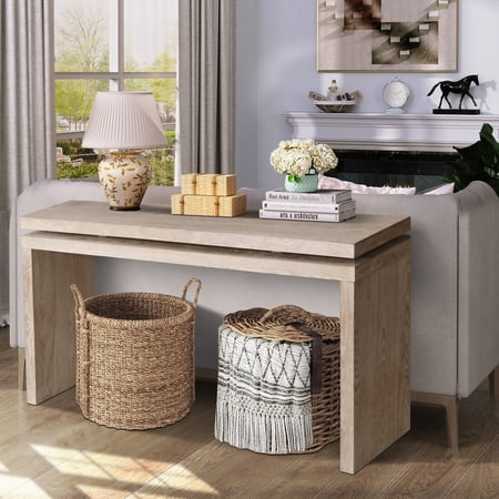 Oufan Farmhouse Console Table Wooden Entryway Table with Double Board Suspension Design Rustic Vintage Narrow Sofa Table for Entryway Living Room