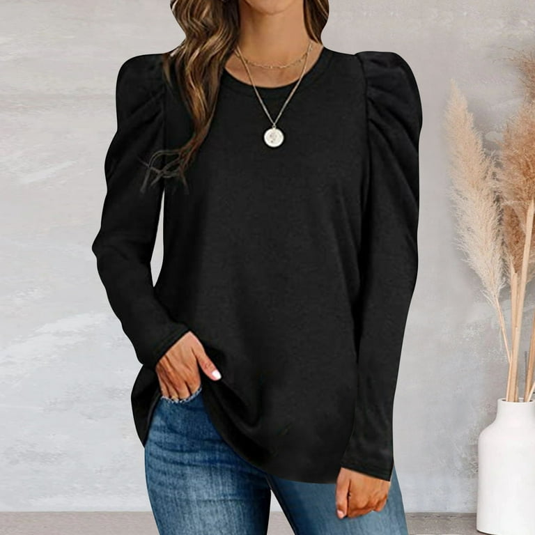 Pgeraug Polyester,Spandex plus size tops for women Tunic Tops Puff Sleeve  Crew Neck Long Sleeve Shirts Solid Color womens tops Black L