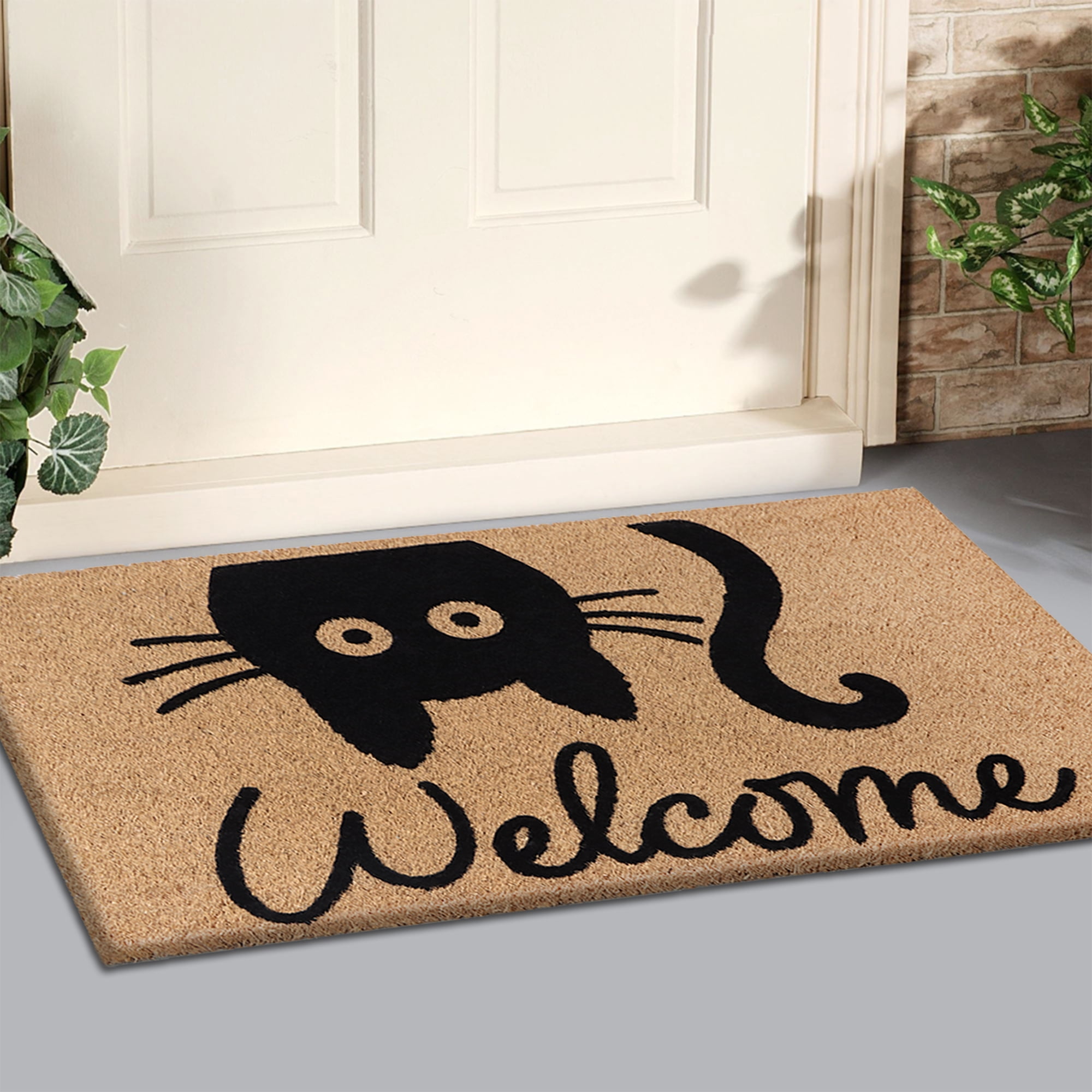 A1HC Natural Coir Flocked Doormat, Cat Welcome , 18"x30", Durable Outdoor Mat, Non-Slip, Pet Friendly, Fade Resistant