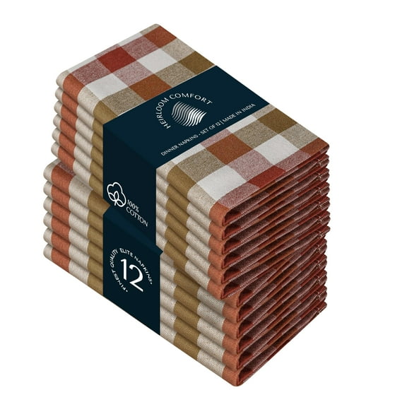 HEIRLOOM COMFORT Gingham Check Multi Color Cloth Napkins Set of 12, 18x18 Inch, 100% Cotton, Super Absorbent & Reusable, Washable Fabric Napkins Dinner, Events, Everyday Use, Rust, Khaki